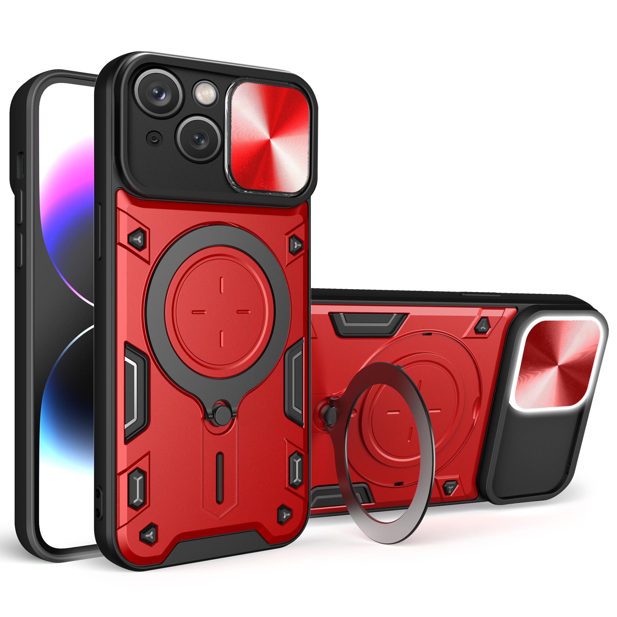 

For iPhone 15 Rotating Kickstand PC+TPU Cover Slide Camera Shield Anti-scratch Phone Case Red