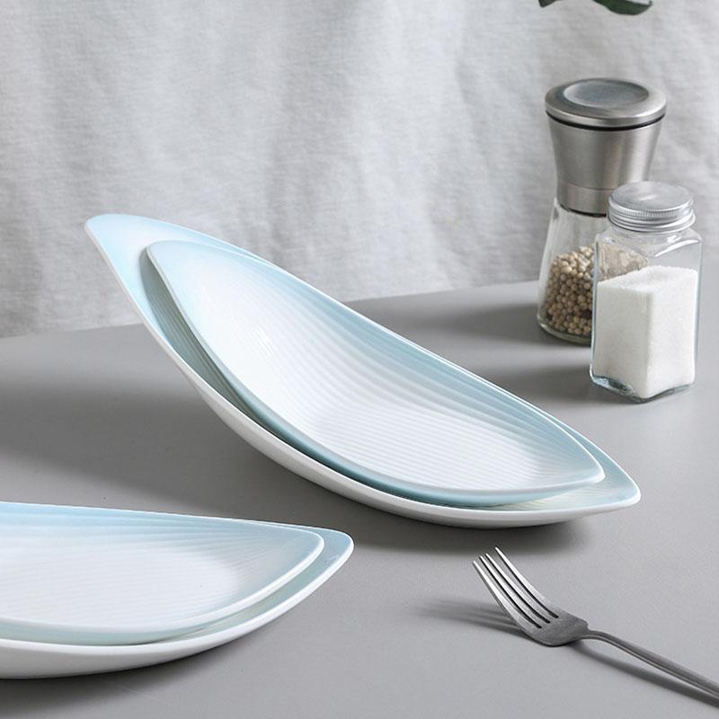 Leaf Shaped Ceramic Plate Simple Underglaze Color Strip Special Plate Hotel Home Snack Plate Gourmet Creative Dish Tableware