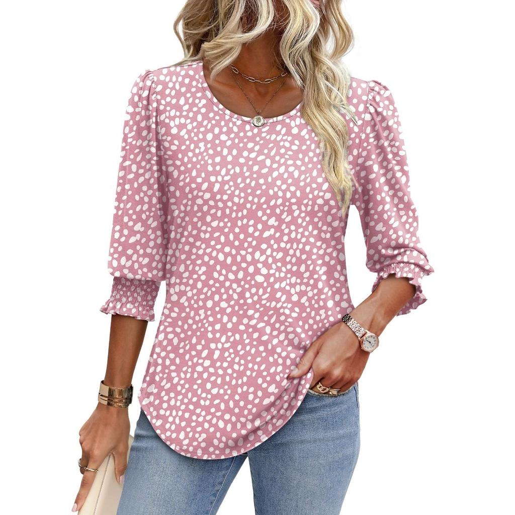 Women's Clothing, Spring, Loose, Casual, Printed, Seven Quarter Sleeves, Round Neck, T-shirt, Top