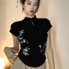 T-shirt Nere Estive in Cotone a Maniche Corte Stile Cinese con Collo alla Coreana Y2k E-Girl Slim Fit Top Versatili Donna
