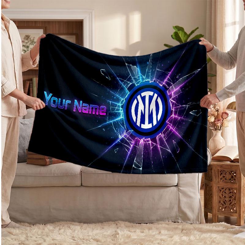 Inter Milan Personalized Fleece Blanket With Football Logo, Custom Name Text Soft Warm Home Throw Blanket