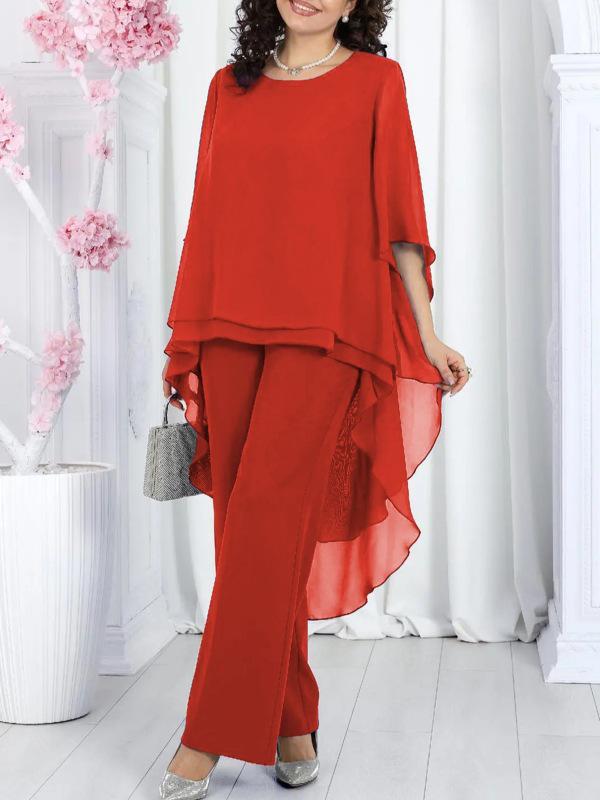 Dámský volný šifonový top a kalhoty, sada 2 kusů - Ležérní jednobarevná, Evropský a americký styl 2025