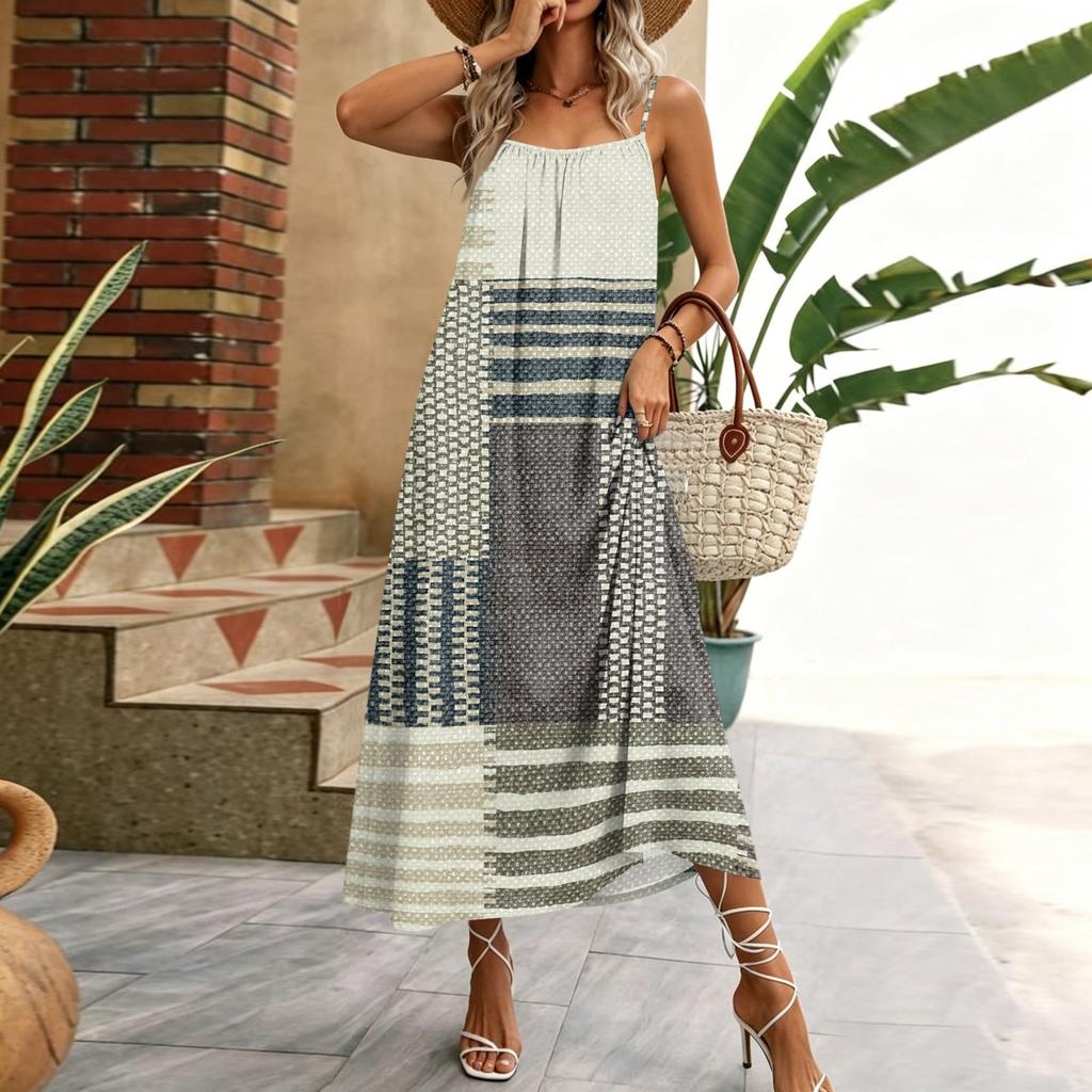 Women Sleeveless Maxi Dress Spaghetti Strap Floral Geometric Print Long Dress Casual Summer Vacation Beachwear