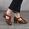 Johnature Genuine Leather Hand Woven Hollow-out Coarse Heel Sandals Retro Versatile High Heel Women's Shoes