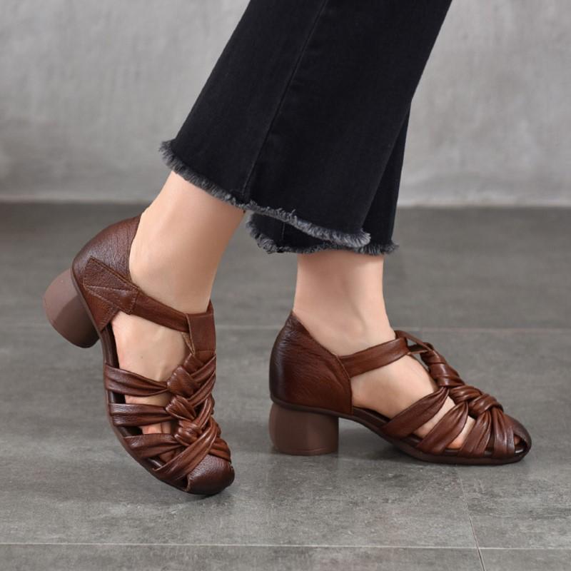 Johnature Genuine Leather Hand Woven Hollow-out Coarse Heel Sandals Retro Versatile High Heel Women's Shoes