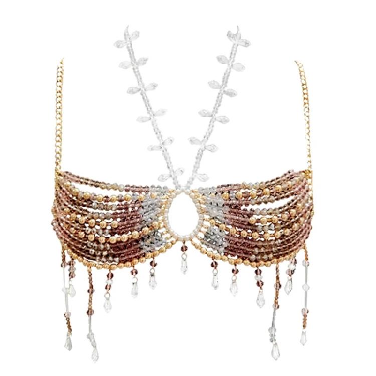 

Faux Pearls Beads Harness Bra Chest Chain for Women’s Party Beach Crystal Tassels Body Jewelry Bralette Crop Top 1