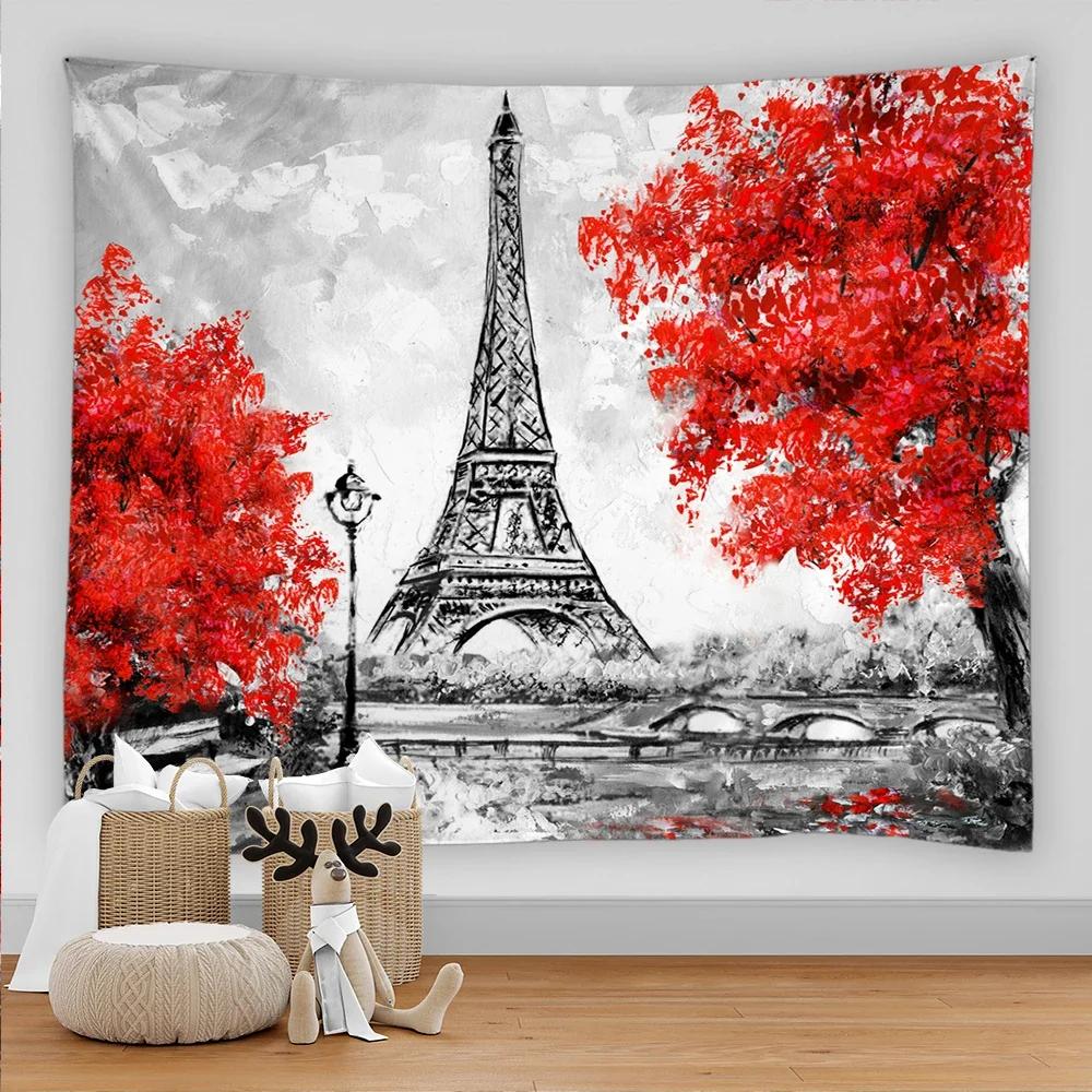 Paris Tapestry Backdrop  Wall Art Eiffel Tower Photo Banner Background European City Landscape Pink  Hanging Decor