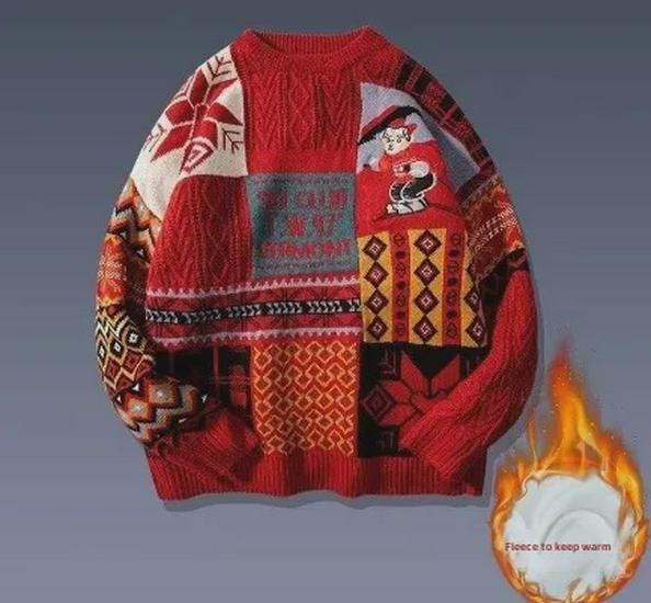 Men's Winter Plus Velvet Thick Warm Knitted Christmas Sweater - Hong Kong Style, Loose Fit, Trendy for Couples