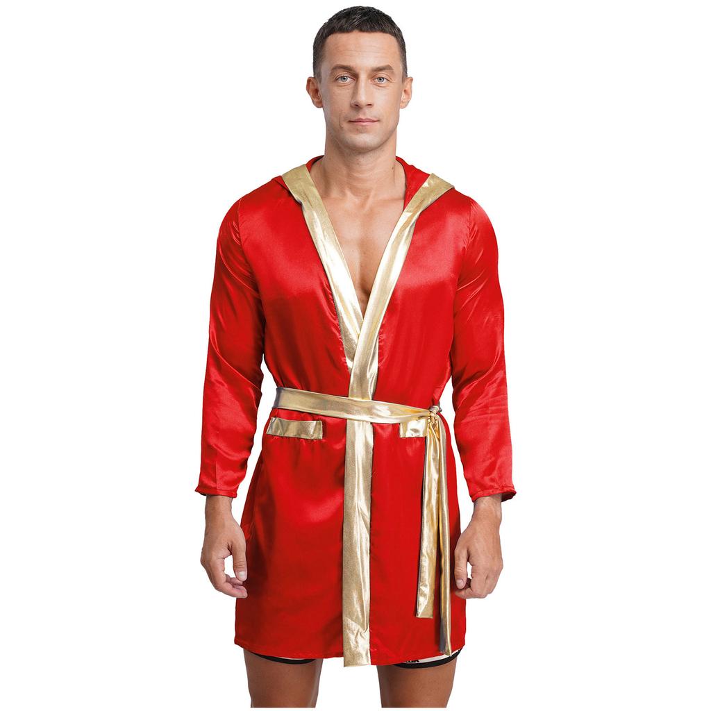 Mens Satin Hooded Cloak Shiny Trim Open Front Belt Boxing Robe