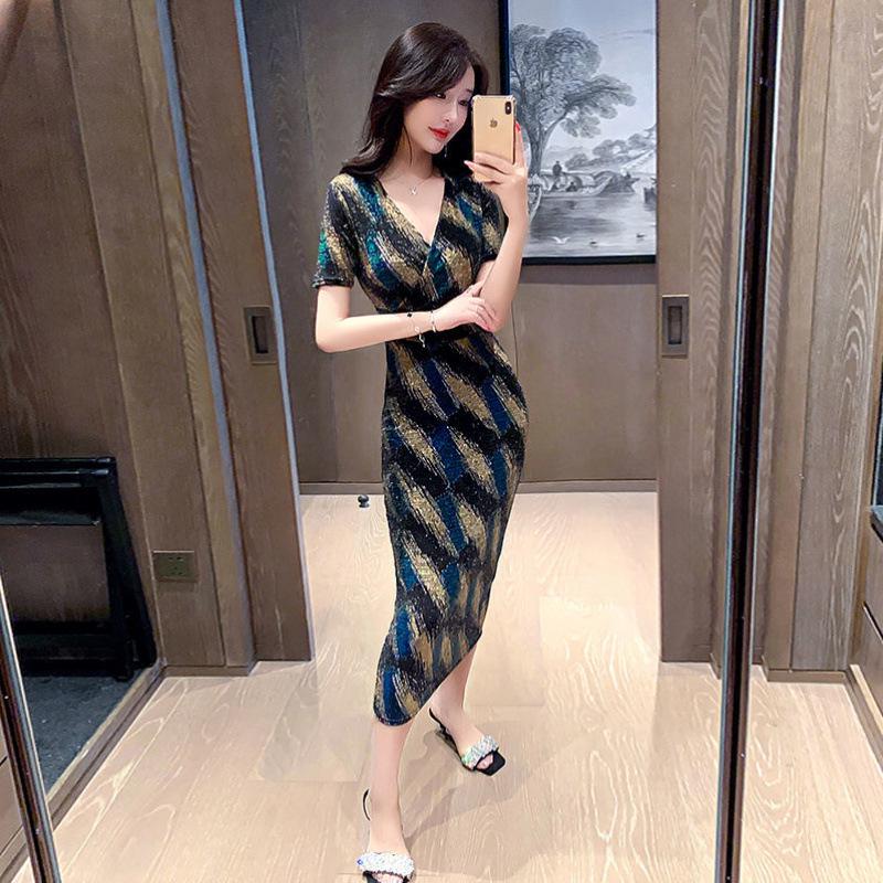 

2025 Fashion V-neck Short Sleeve Silk Stretch Slimming Slit Hip-Hugging Mid-Length Skirt XL зелений