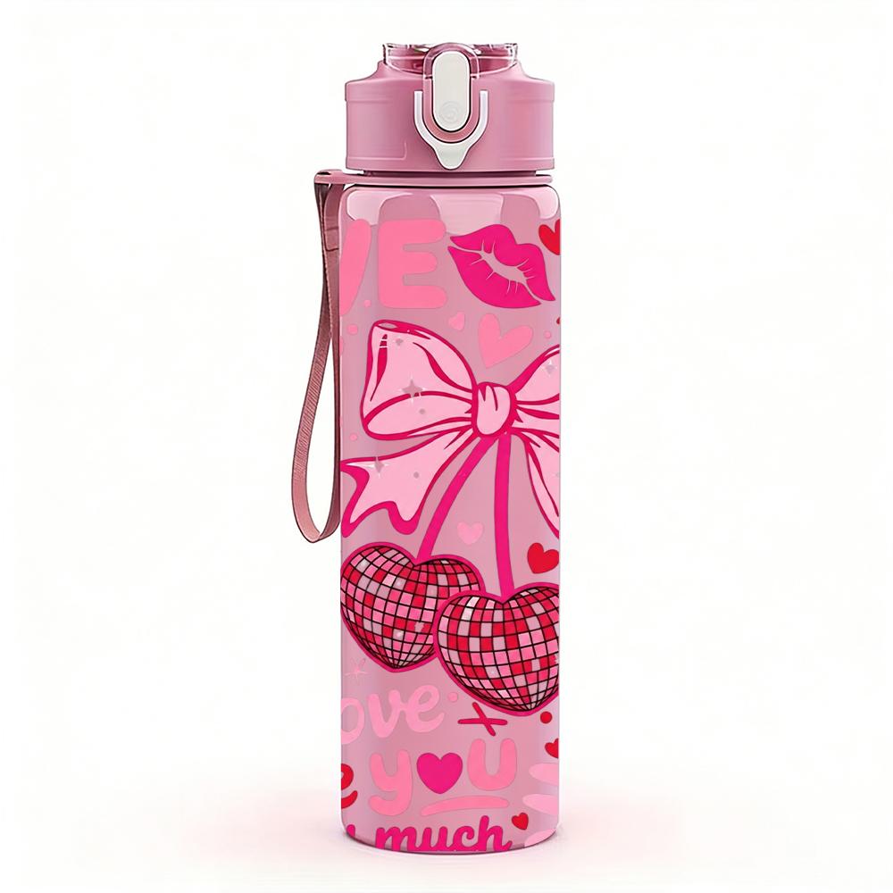 1PC Lip Kiss Bow Love Heart 750ml Color Plastic Sports Water Bottle Leakproof Flip Straw Lid Suitable for Sports Office Home Use