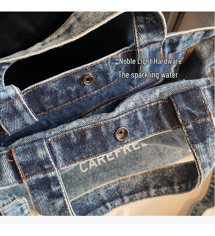 Korean Style Washed Denim Crossbody Tote – Large Capacity with Retro Letter Print (2025 Edition)