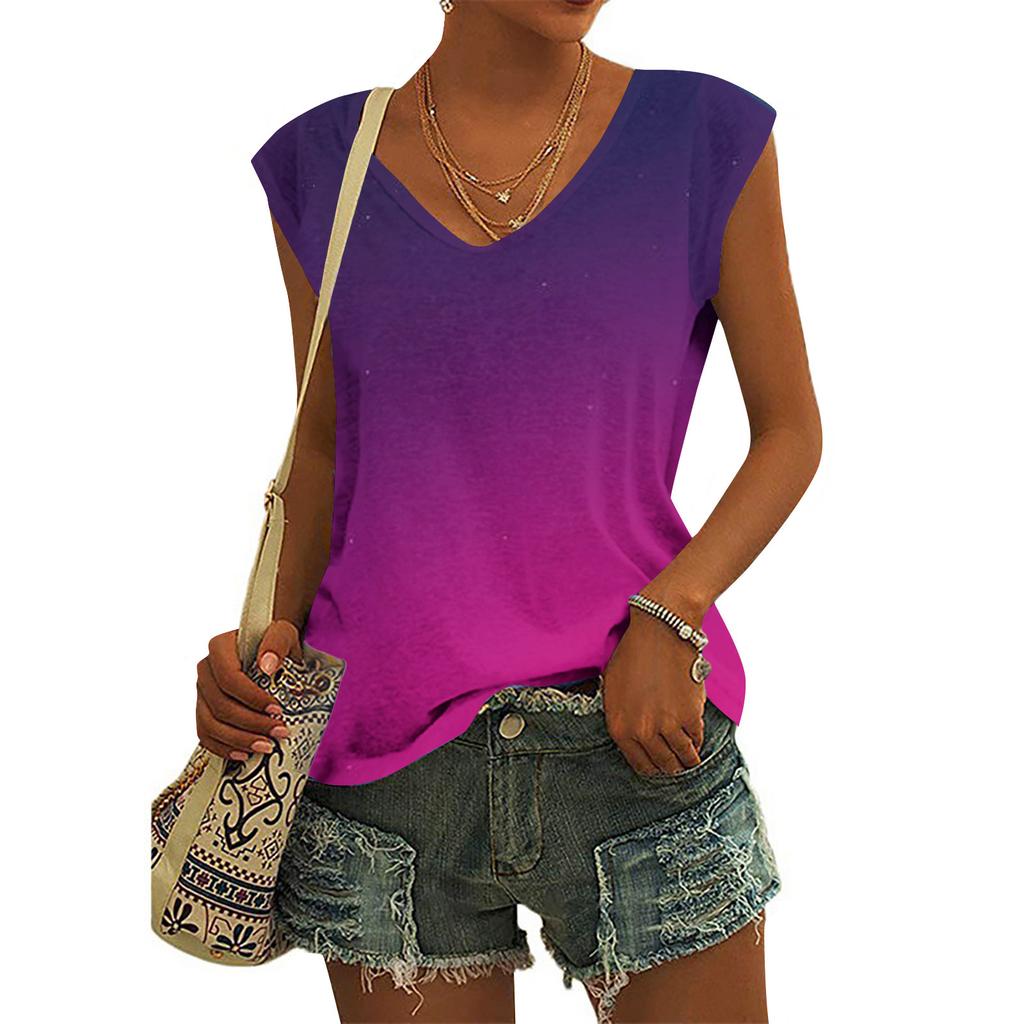 Women Fashion Casual Tops Printed Sleeveless Shirts V Neck Pullover T Shirts
