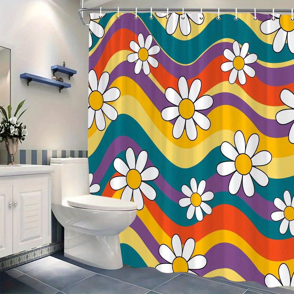 Retro Rainbow Floral Print Waterproof Shower Curtain for Bathroom, Vibrant Daisy Design High-End Toilet Partition Curtain
