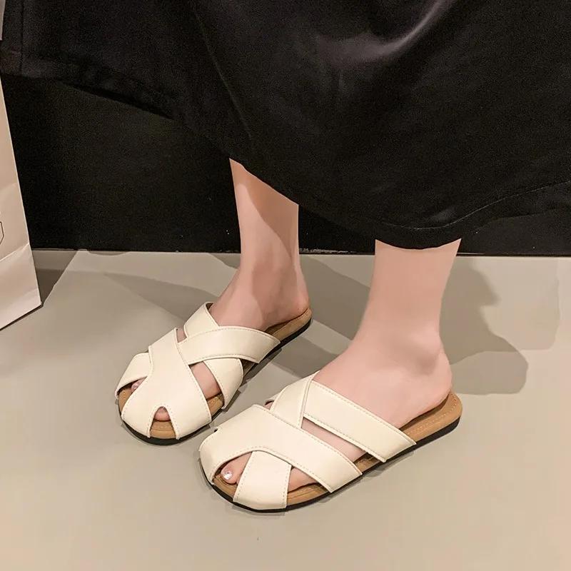 Fashion Fashion Baotou Slippers Summer New Round Toe Shallow Mouth Hollow Soft Sole Non-slip Wear-resistant Flat Shoes