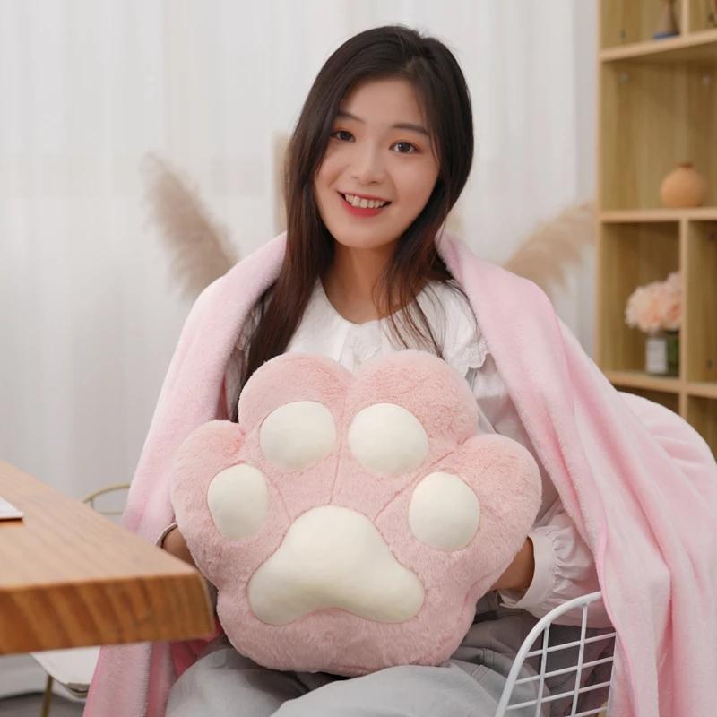 34/40cm Bear Cat Paw Pillow with Two Holes Flannel Blanket Colorful Stuffed Fuzzy Animal Handwarmer Pillow for Winter Warm