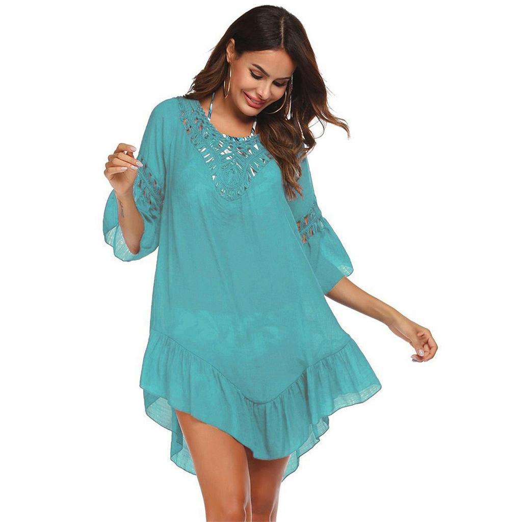 Women Hollow Out Cotton Linen Beach Cover Up Tie Waist Loose Fit Summer Vacation Lightweight Tunic Dress