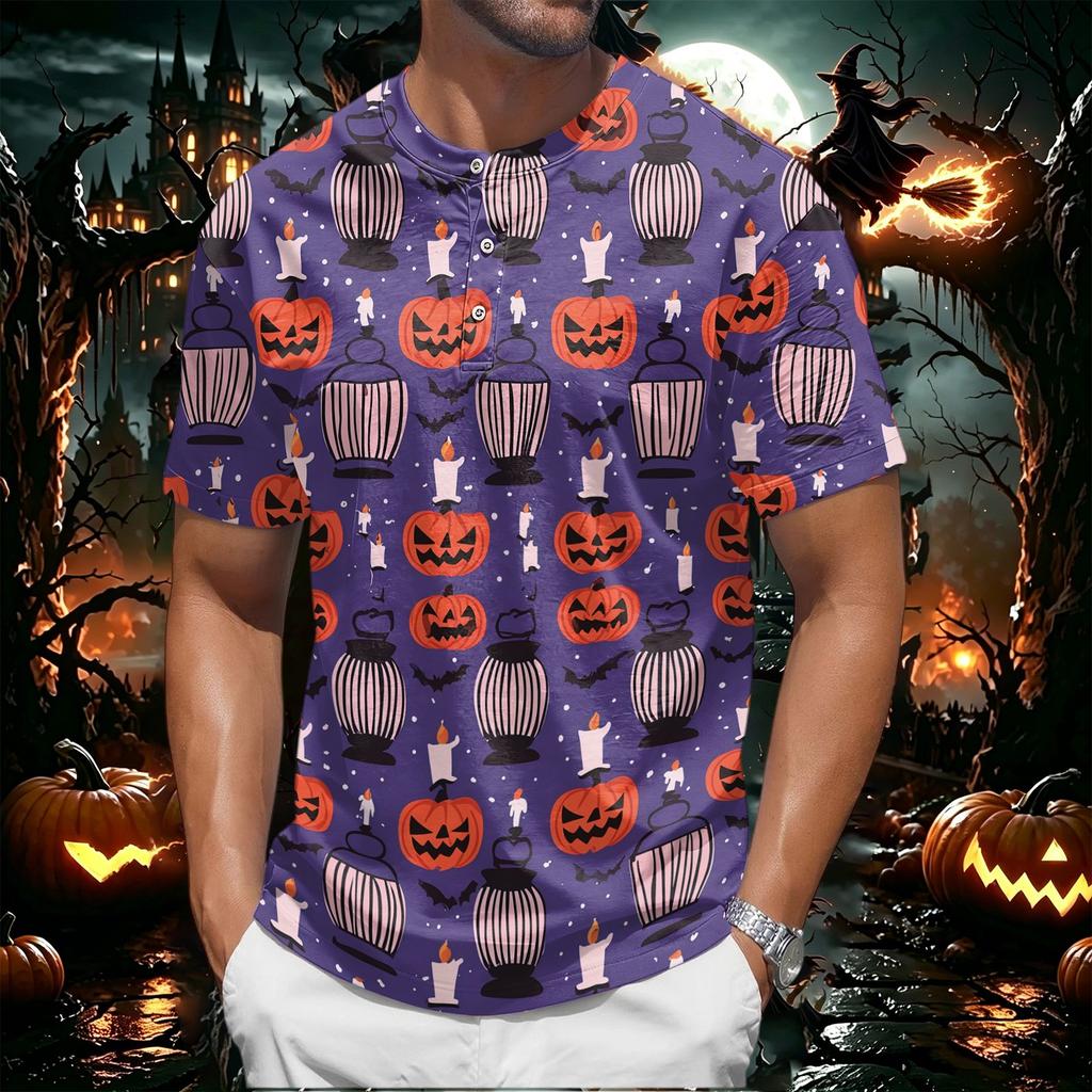 Mens Halloween Print Crew Neck Short Sleeve T Shirt Soft Fabric Casual Fit Pumpkin Pattern Comfortable Top