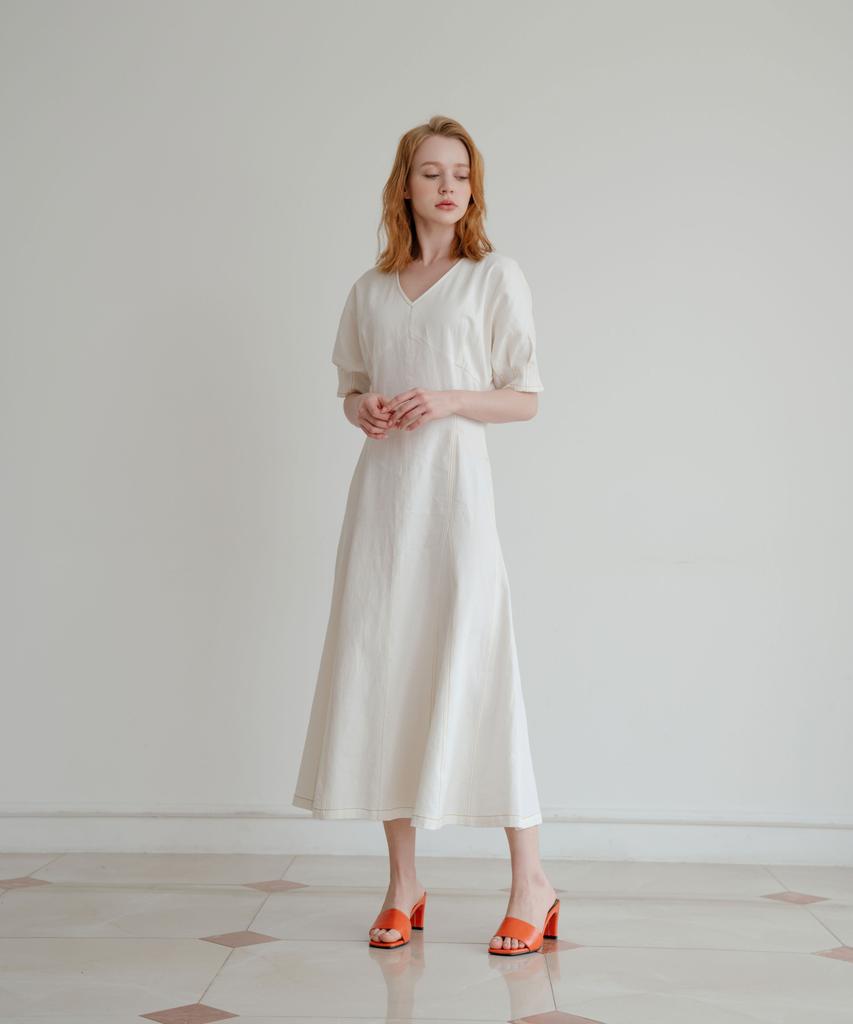 Bellua Stitched Linen Dress _ Ivory