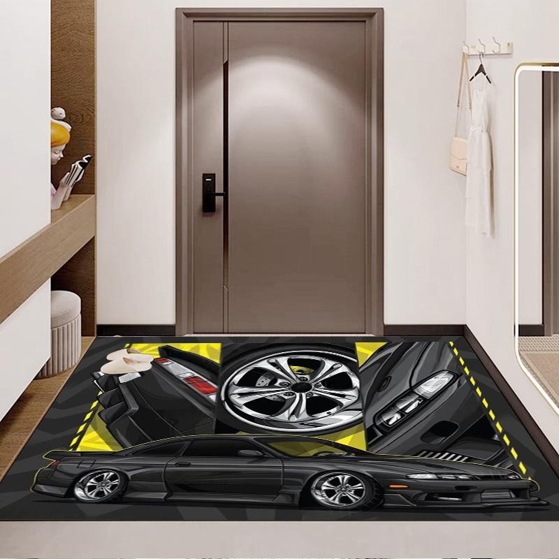 Black Tuned JDM Coupe Yellow Accent Comic Print Area Rug Non‑Slip Rectangular Floor Mat Auto Fan Decor for Gaming Bedroom Living Room