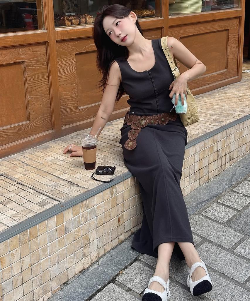LOVENTINA Knit Texture Long Skirt_Charcoal