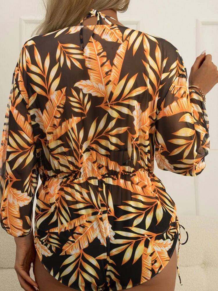 2024 High-Waisted Mesh Waist-Cinched One-Piece Swimsuit with Printed Drawstring and Three-Piece Bikini Set