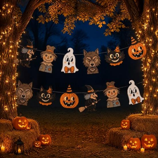Trick or Treat Party Decor 12Pcs Vintage Halloween Wood Banner, Retro Hanging Banner Garland, Bunting Holiday Fireplace Ornaments Decorations, Spooky