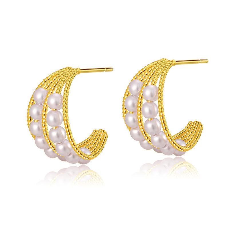 Trendy european and american style 18k gold plated brass pearl earrings - elegant stud earrings with shell pearls