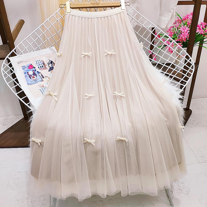 Women Spring Fall High Waist All Match Color Block Mesh A Line Skirt with Bowknot