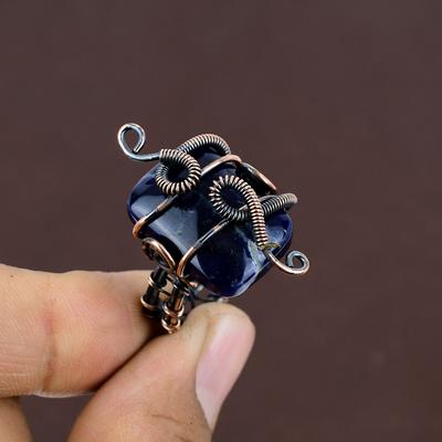 Gema de Sodalita Natural Hecho a Mano Envoltura de Alambre de Cobre Anillo de Regalo Talla 9 f0C13