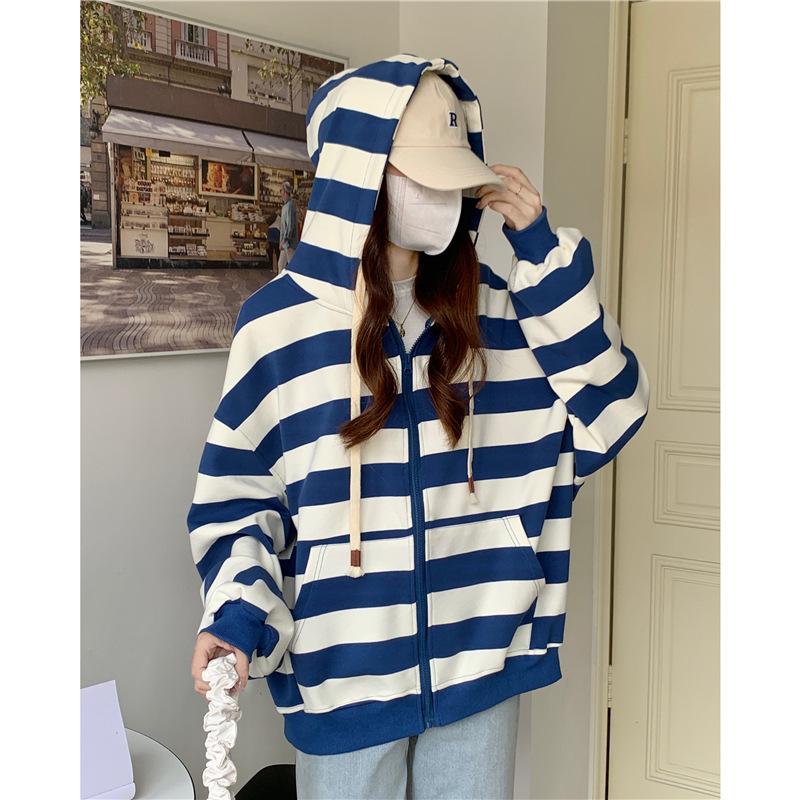 Women's Striped Cardigan Hoodie - 2023 Autumn/Winter Korean Trend, Loose Fit, Slimming Style