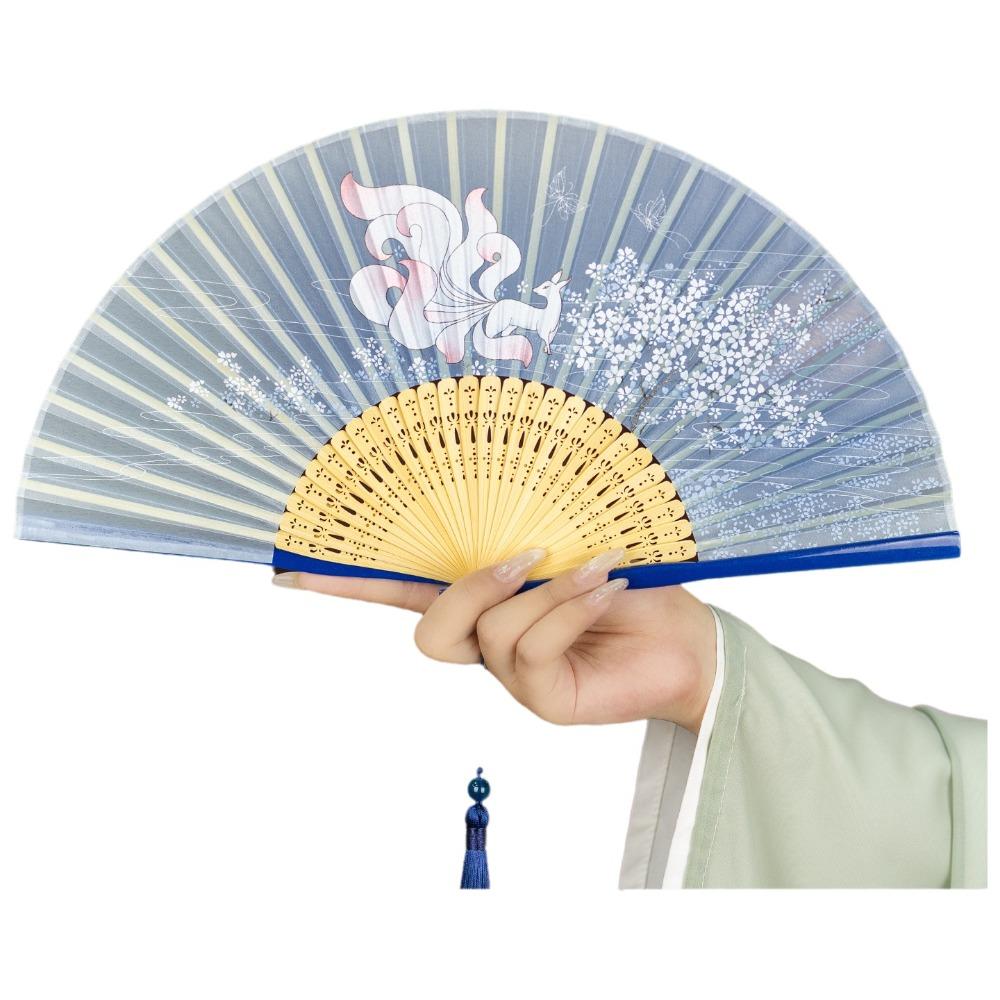 Chinese Ancient Style Portable Folding Fan Classical Wooden Handle Dancing Fan with Tassels Traditional Decorative Fan