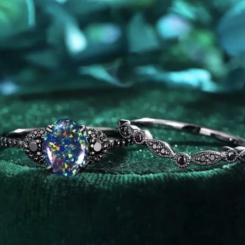 Vintage Black Color Flower Rings for Women Trendy Waterdrop Inlaid with Blue Stone Personalized Creativity Party Rings Jewelry