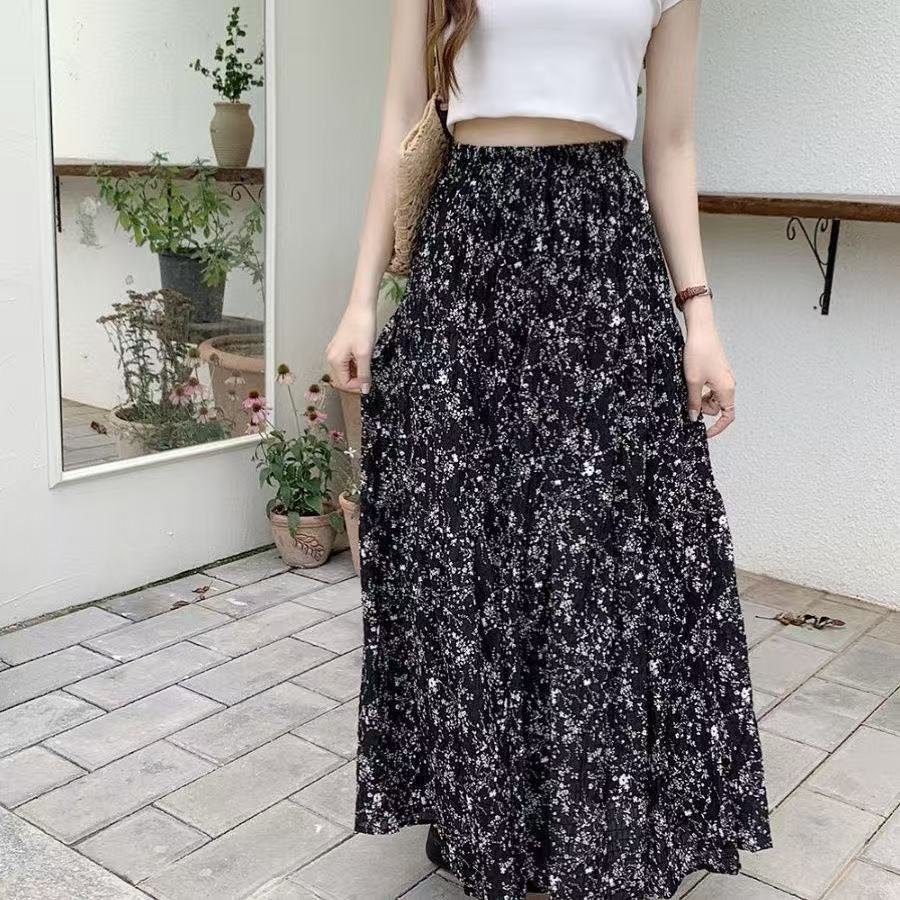 Summer Chiffon Floral High-Waist Slim Fit Midi Skirt - Versatile A-Line Flared Design Elegant Tiered Ruffles Breathable Lightweight Fabric