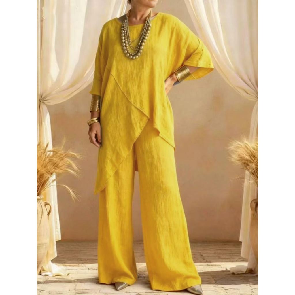 Women's Round Neck Irregular Hem 3/4 Sleeve Linen Look Top and Wide Leg Pants 2 Piece Casual Outfit