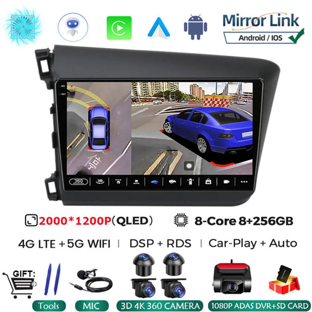9" 2 Din Android 14 Car Radio for Honda Civic 2012 2013 2014 2015 Multimedia Player 2din Carplay Stereo GPS DVD Head Unit NO DVD