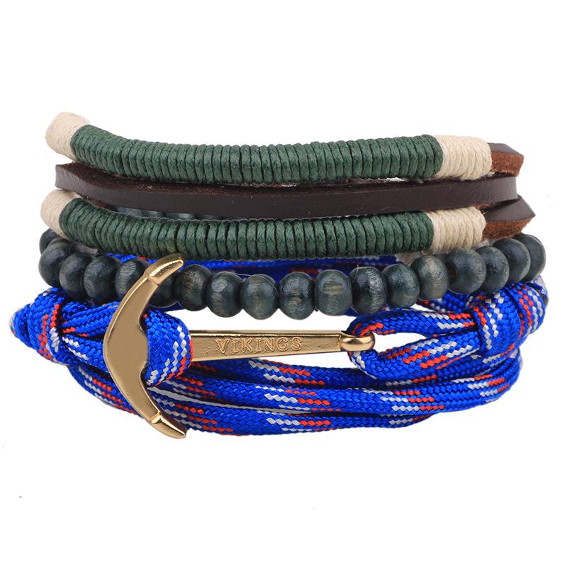Men's Retro Multi-Strand Cowhide Anchor Bracelet Set with Wood Beads