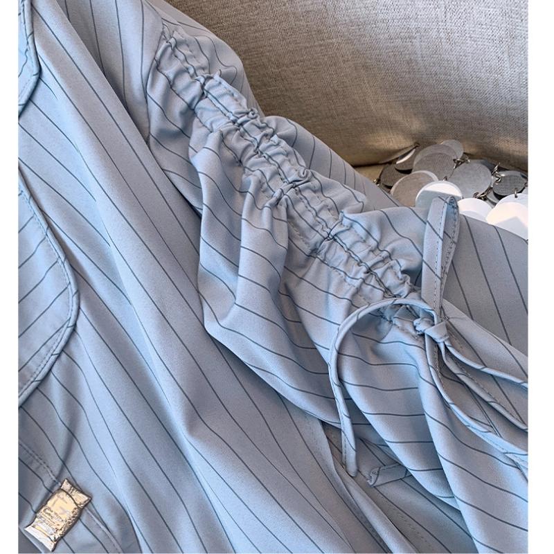 Large Spring Irregular Striped Drawstring Shirt with A Niche and Lazy Design, Loose and Beautiful Long Sleeved Shirt