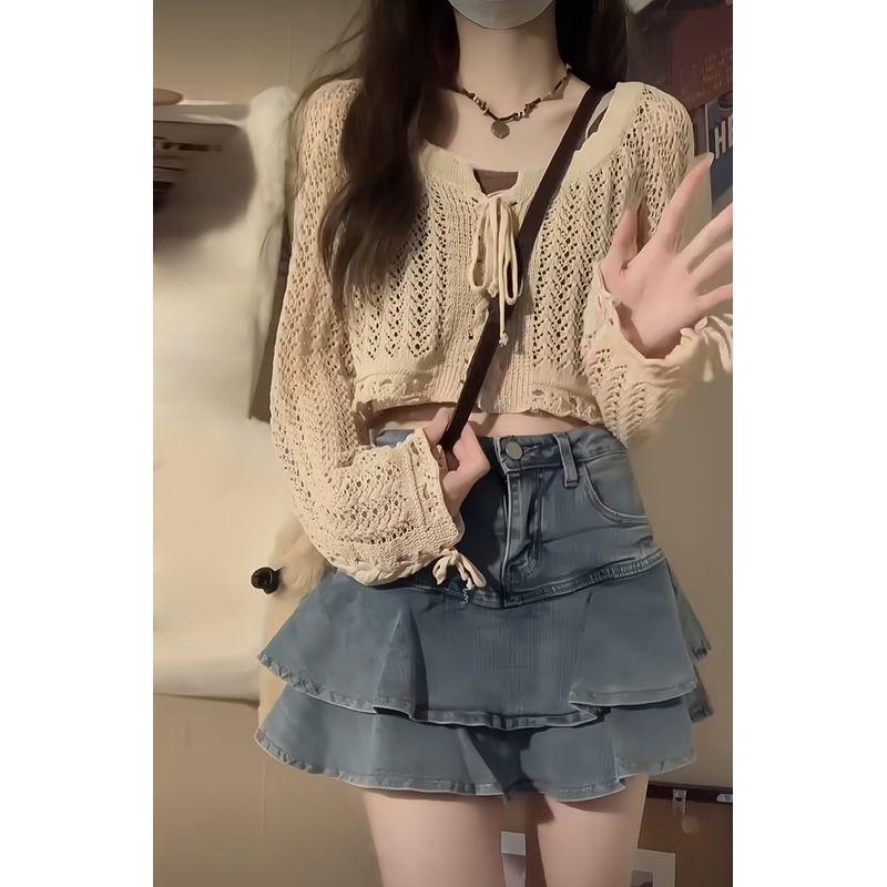 

Вязаный кардиган с вырезами и узлом, с короткими длинными рукавами, для защиты от солнца, женский, летний, тонкий, с V-образным вырезом, шикарная шаль-блузка, короткое пальто Khaki L