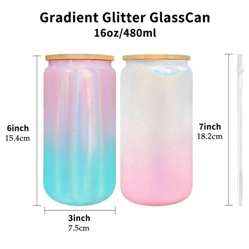 1pc 16oz Glass Tumbler Glitter Glass Jar Shimmer Beer Mug Can Shaped Drinking Glass With Bamboo Lid And Reusable Straw DIY Gifts