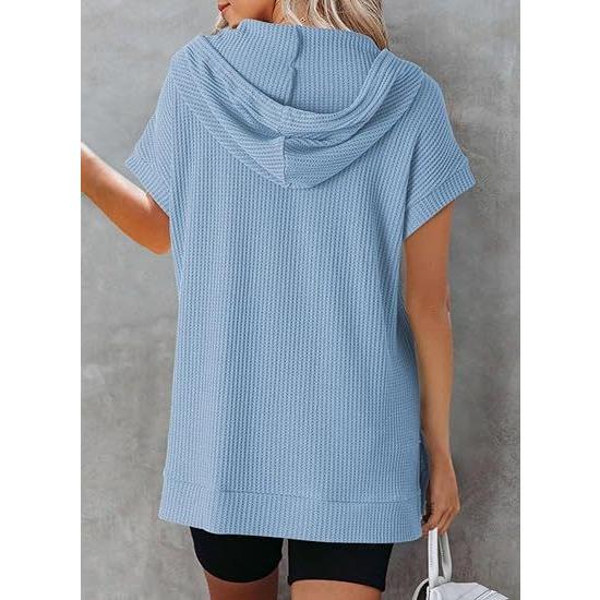 GMXIA Summer Drawstring Hoodie Waffle Knit Side Slit Belt Pocket T
