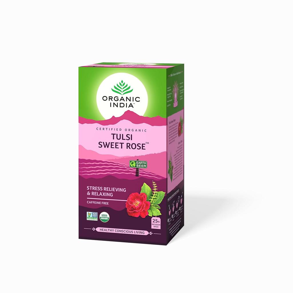 ORGANIC INDIA Tulsi Green Tea Pomegranate 25 Tea Bags & Tulsi Sweet Rose 25 Tea Bags  Soothing Herbal Drink