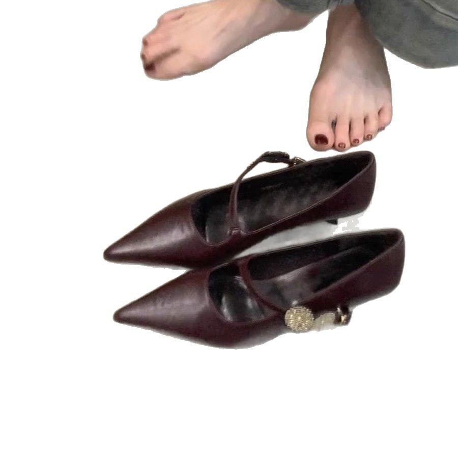 Sheepskin version~ pointed temperament metal buckle one-word strap high heels light mouth low heel French commuter black single shoes women