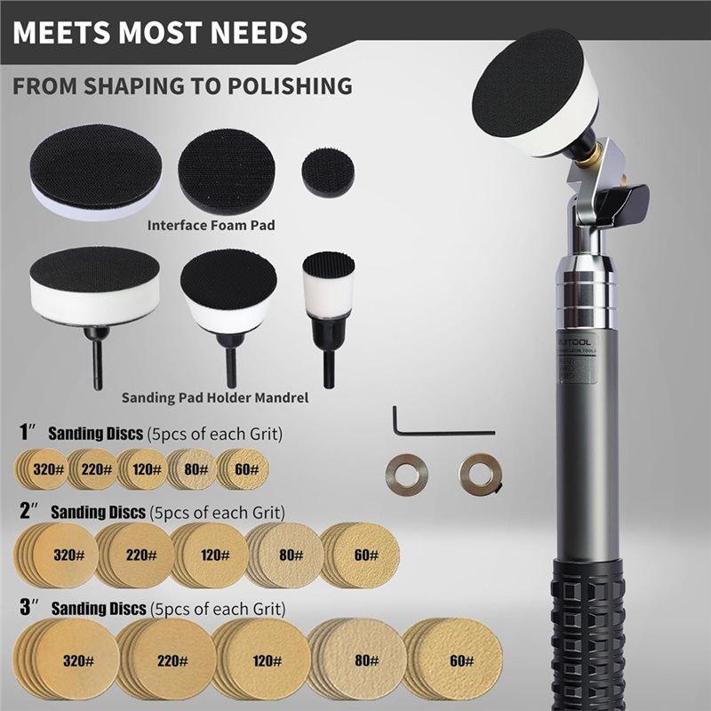 AT19-Bowl Sander Tool Kit With 1"- 3" Hook& Loop Sanding Disc, 75 Sheets Sandpaper, Backing Pads Featuring Foam Interface& Handl
