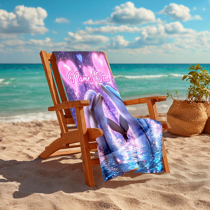 1PC Custom Name Dolphins Love Sparkle Beach Towel Highly Absorbent And Sand-Resistant Towel for Swimming, Pool, Yoga, And Travel Lightweight