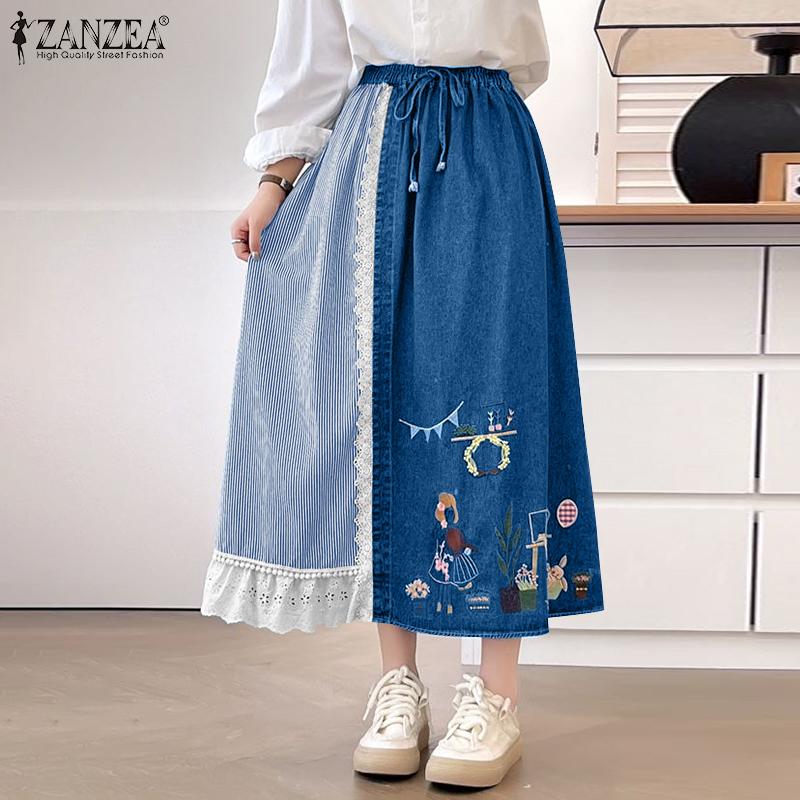 

ZANZEA Women Casual Elastic Waist Loose Patchwork Floral Long Skirts S синий