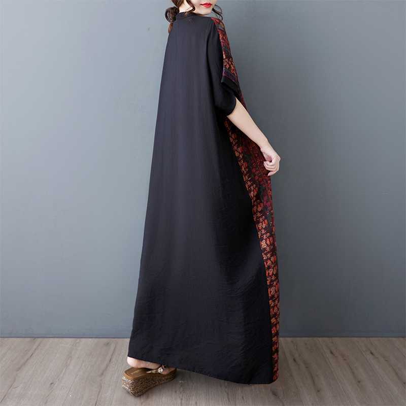 Summer Women's Cotton and Linen V-neck Short Sleeved Long Dress