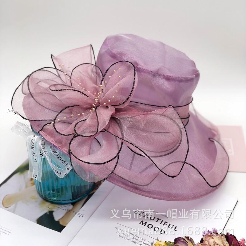 Chapeau d'été pour femme version coréenne protection solaire tissu anti-UV chapeau de soleil chapeau haut de forme en organza fleur à large bord maille