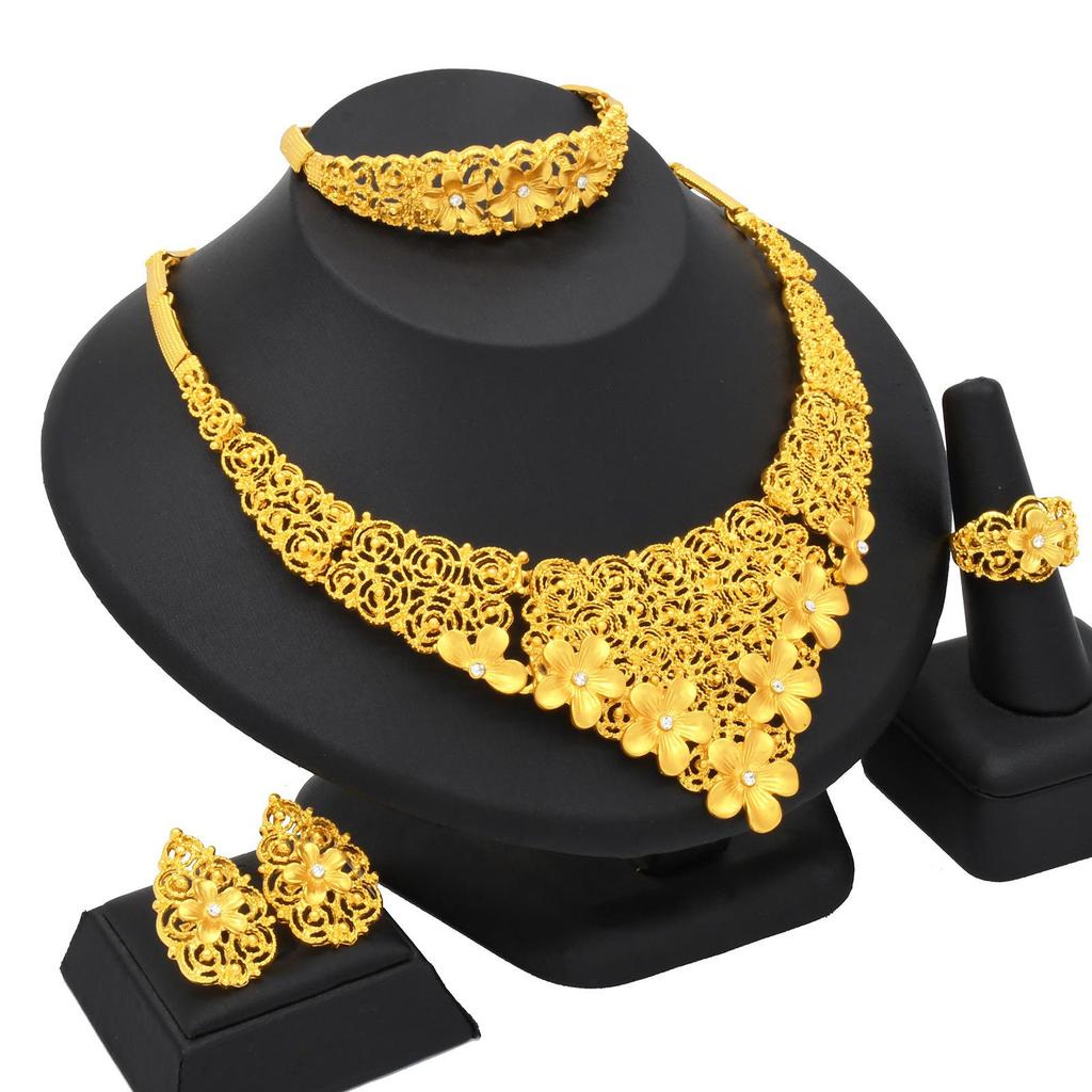 Indian Dubai Sand Gold Jewelry Set: Necklace, Bracelet, Ring & Earrings for Bridal Wedding.