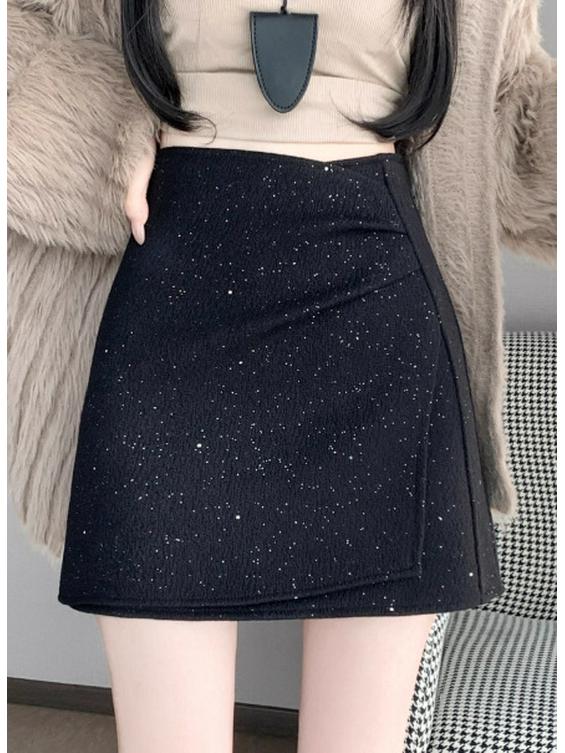 Women s High Waist Irregular A-line Woolen Skirt with Pleats & Sequins - Autumn/Winter S чёрный